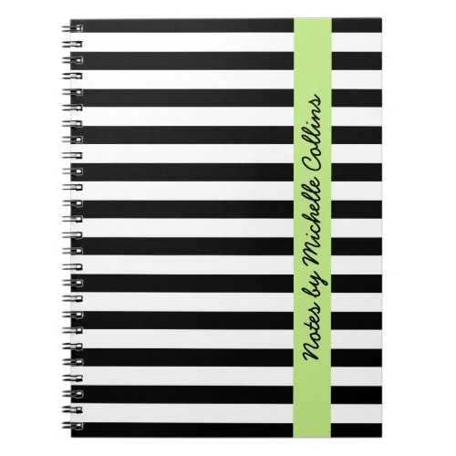 Black white stripes lime green personalized name notebook