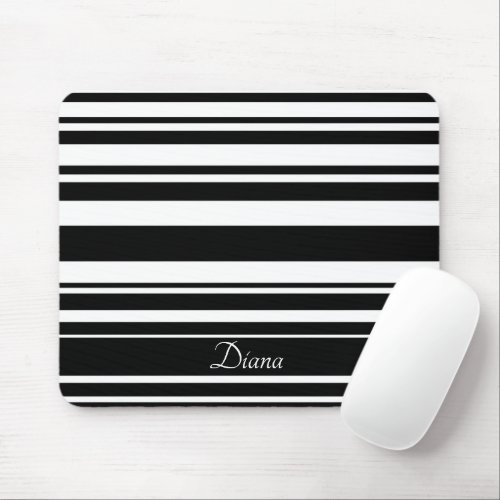 Black White Stripes Line Bald Pattern Modern Name Mouse Pad