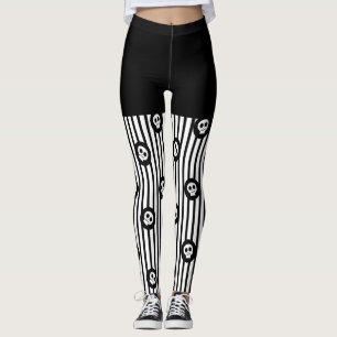 Black & White Stripes & Little Skulls Halloween Leggings