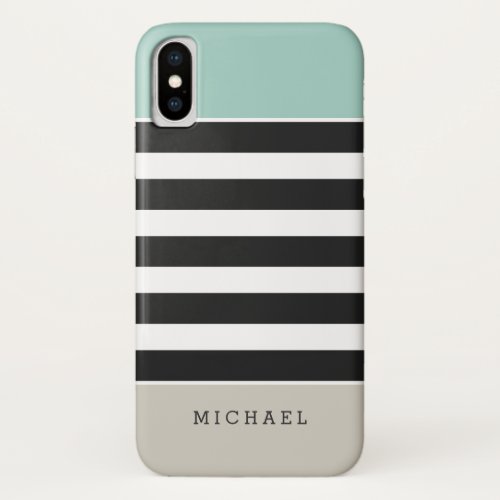 Black White Stripes Mint Beige Monogram Name iPhone XS Case