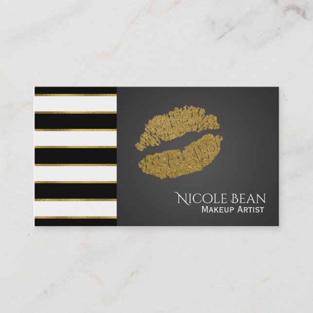 Black & White Stripes Modern Faux Gold Lips Beauty Business Card (Front)
