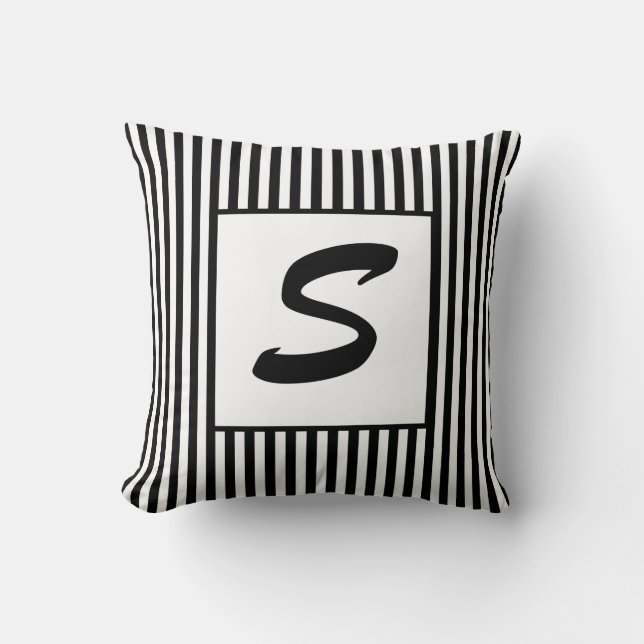 Black White Stripes Modern Monogram Throw Pillow (Front)