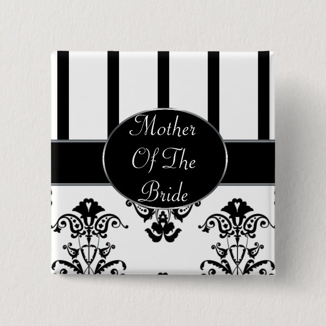 Black & White Stripes, Monogram Baroque Pinback Button (Front)