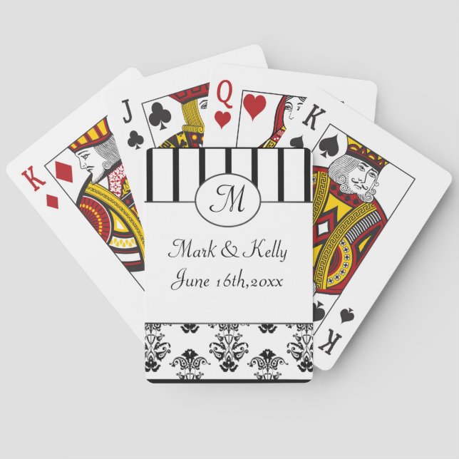 Black & White Stripes, Monogram Baroque Poker Cards (Back)
