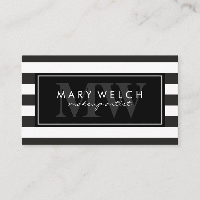 Black White Stripes Monogram Business Card (Front)