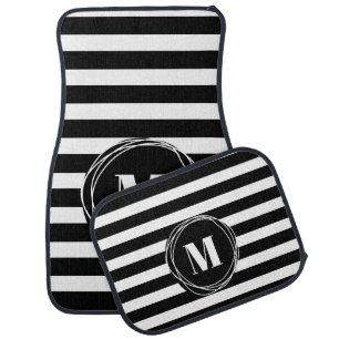Black & White Stripes Monogram Car Floor Mat