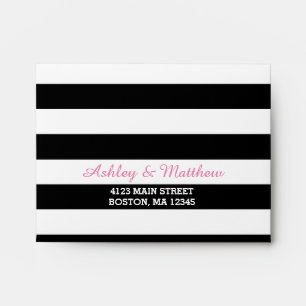 Black & White Stripes Monogram Pink Lining RSVP Envelope