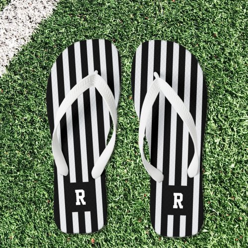 Black White Stripes Monogram Referree Flip Flops