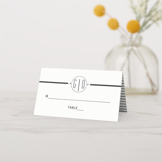 Black white stripes monogram wedding folded escort place card (Front)