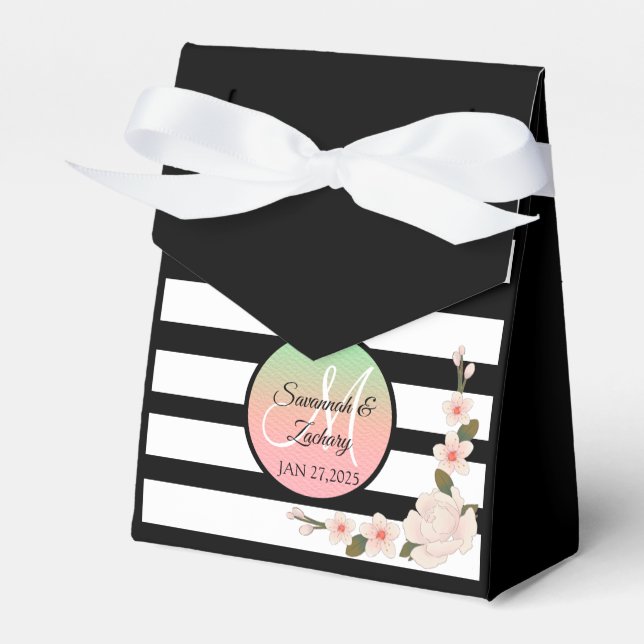 Black White Stripes Monogramm Floral Favor Boxes (Front Side)