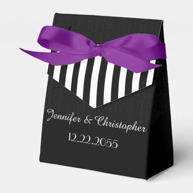 Black & White Stripes, Name, Date, Wedding Party Favor Boxes (Front Side)