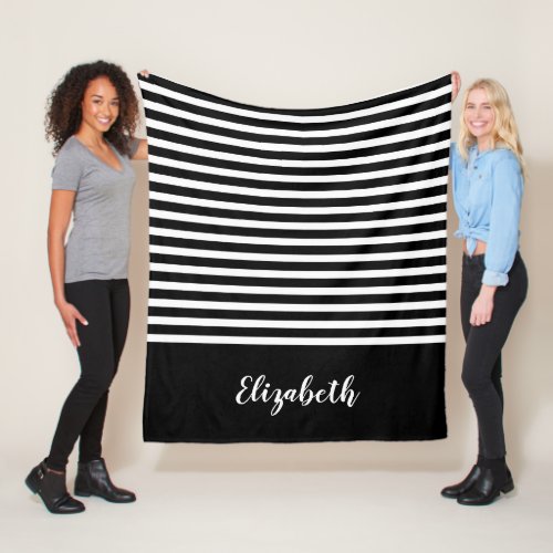 Black white stripes name minimalist fleece blanket