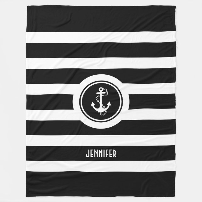 Black & White Stripes Nautical Anchor Fleece Blanket (Front)