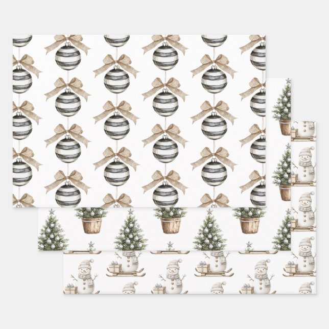 Black White Stripes Ornament Bow Christmas Wrapping Paper Sheets (Set)