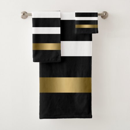 Black & White Stripes Pattern Gold Accents Accent Bath Towel Set