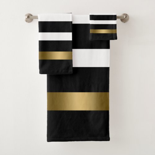 Black  white stripes pattern gold accents accent bath towel set