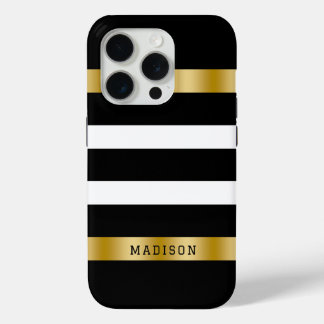Black & white stripes pattern gold accents accent iPhone 15 pro case