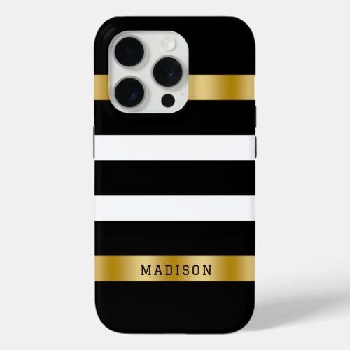 Black  white stripes pattern gold accents accent iPhone 15 pro case