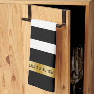 Black & white stripes pattern gold accents accent kitchen towel