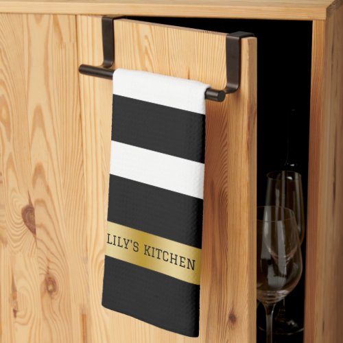 Black  white stripes pattern gold accents accent kitchen towel