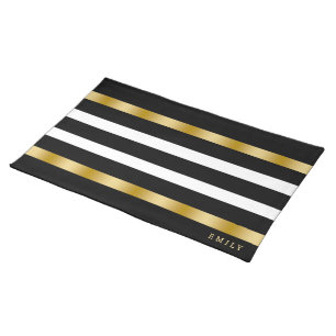 Black & white stripes pattern gold accents cloth placemat
