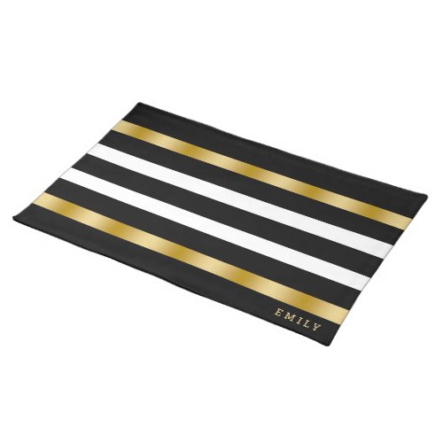 Black  white stripes pattern gold accents cloth placemat