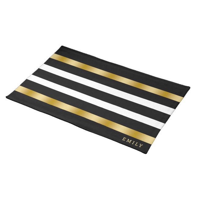 Black & white stripes pattern gold accents cloth placemat (On Table)