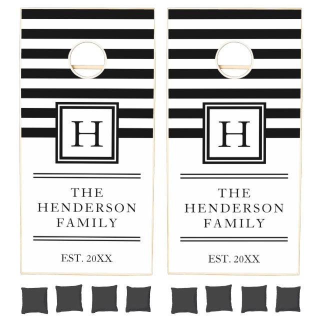 Black & White Stripes Pattern Monogram Family Name Cornhole Set (Set)