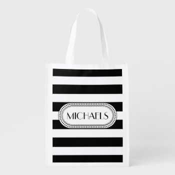 Black | White Stripes Pattern Monogram Grocery Bag by TrendyKitchens at Zazzle