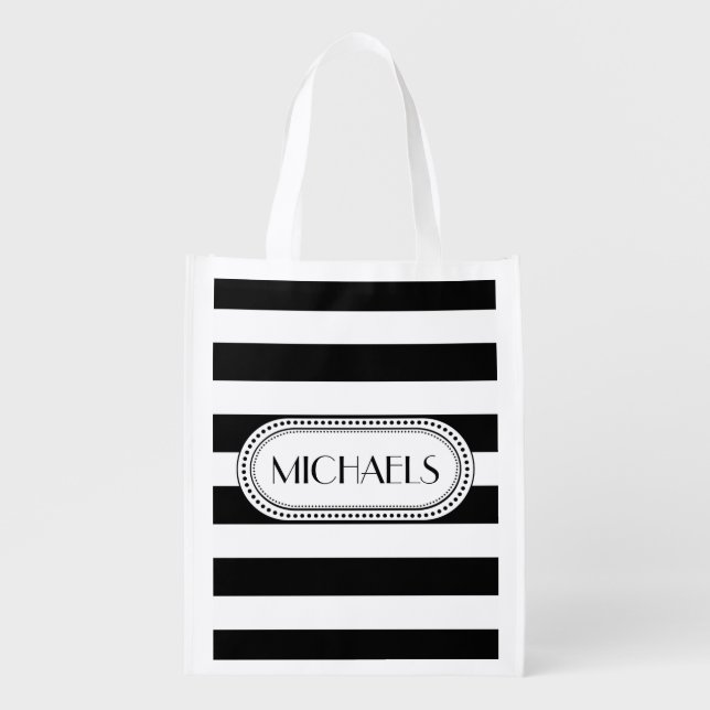 Black | White Stripes Pattern Monogram Grocery Bag (Front)