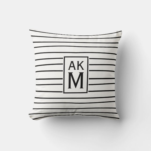 Black & White Stripes Pattern Monogram Pillow (Front)