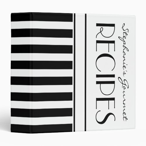 Black  White Stripes Pattern Monogram Recipe Binder