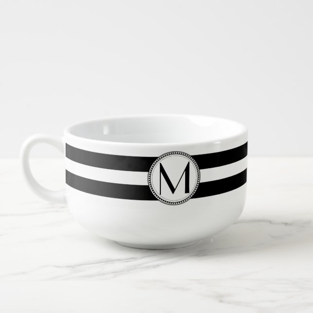 Black | White Stripes Pattern Monogram Soup Mug (Right)
