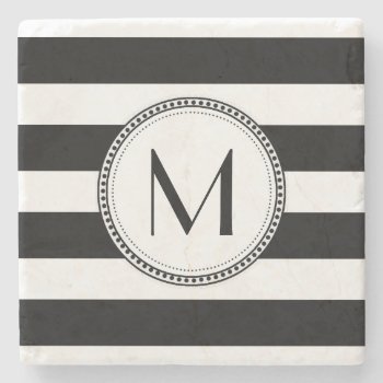 Black | White Stripes Pattern Monogram Stone Coaster by TrendyKitchens at Zazzle