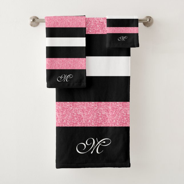 Black & White Stripes Pattern Pink Stripe Accent Bath Towel Set (Insitu)
