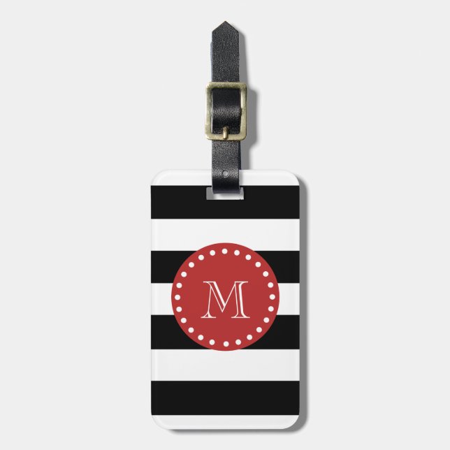 Black White Stripes Pattern, Red Monogram Luggage Tag (Front Vertical)