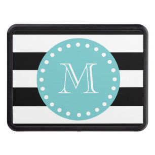 Black White Stripes Pattern, Teal Monogram Hitch Cover