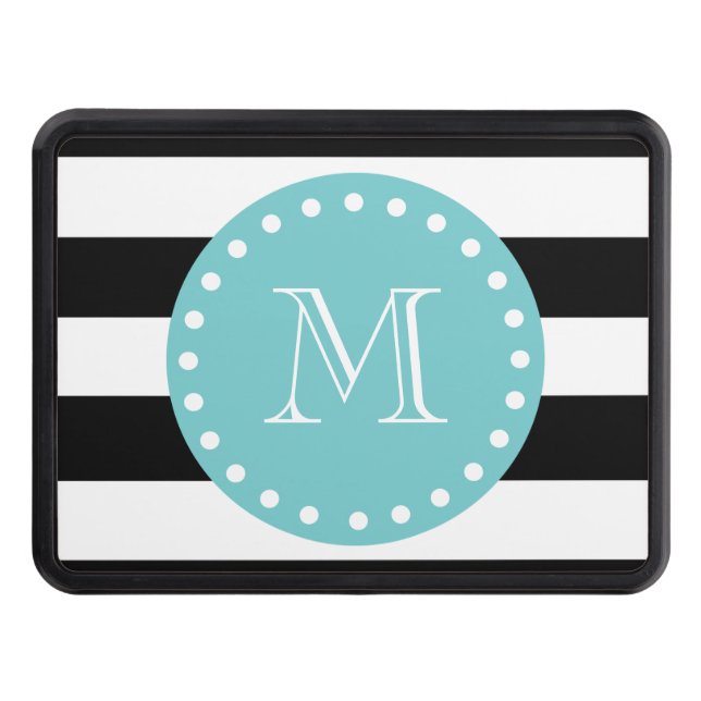Black White Stripes Pattern, Teal Monogram Hitch Cover (Front)