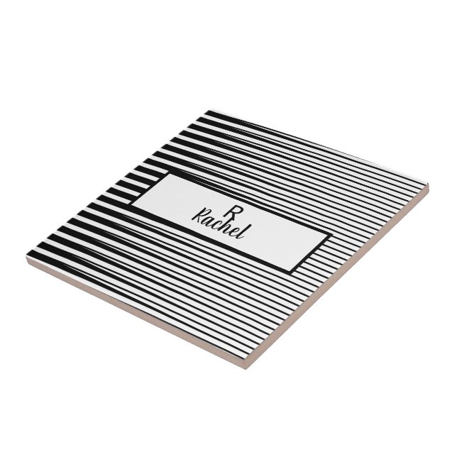 Black White Stripes Patterns Abstract Monograms Ceramic Tile (Side)