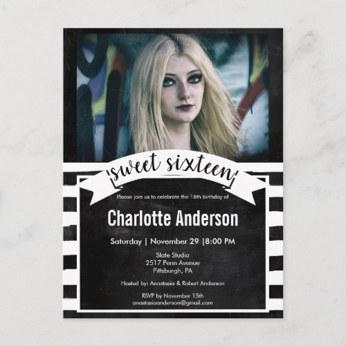 Black White Stripes Photo  Sweet 16 Invitation Postcard