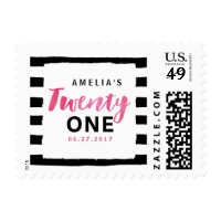 Black & White Stripes Pink 21st Birthday Postage