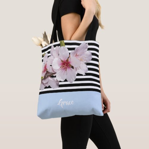 Black white stripes pink cherry florals blue name tote bag