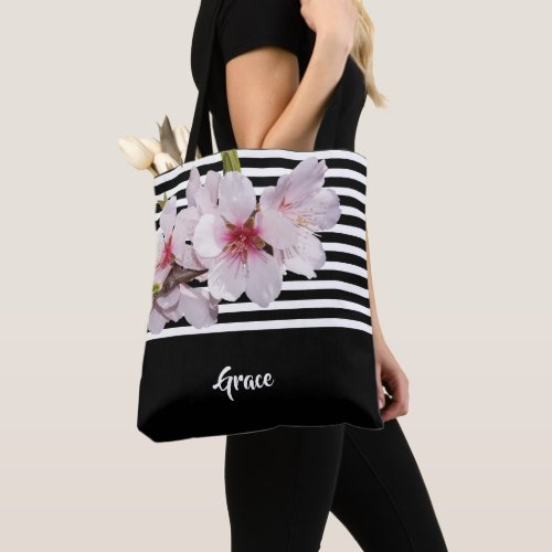 Black white stripes pink cherry florals name tote bag