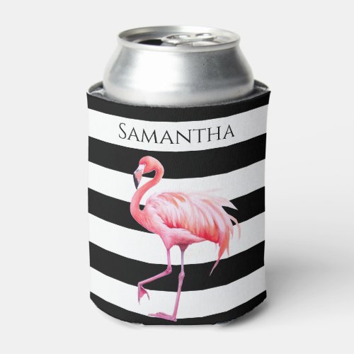 Black  White Stripes Pink Flamingo Custom Name Can Cooler