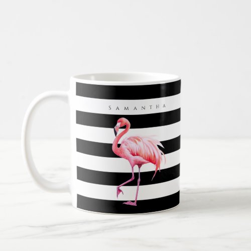 Black  White Stripes Pink Flamingo Custom Name Coffee Mug