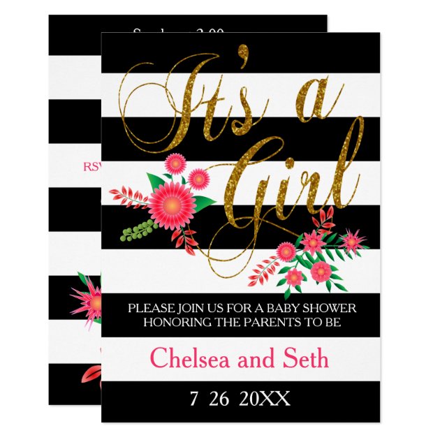 Black & White Stripes | Pink Floral | Baby Shower Invitation