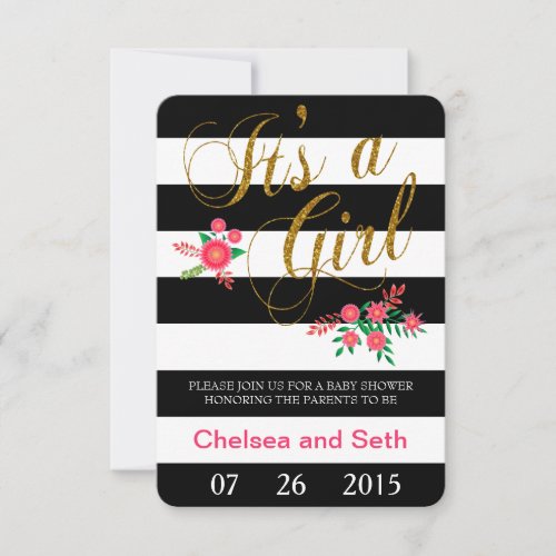 Black  White Stripes  Pink Floral  Baby Shower Invitation