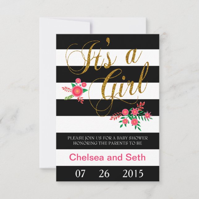 Black & White Stripes | Pink Floral | Baby Shower Invitation (Front)