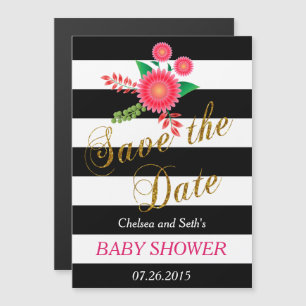Black & White Stripes   Pink Floral    Baby Shower Magnetic Invitation