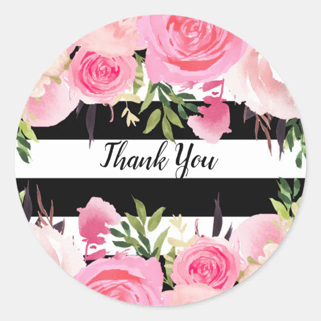 Black White Stripes Pink Floral Bridal Shower Classic Round Sticker ...